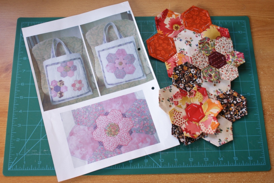 The lucky find - photos of the original bag alongside the completed hexagon 'flowers' ready for the new bag.