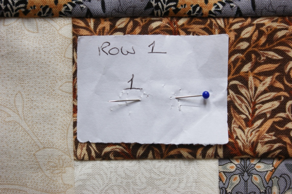 I pin labels to the top left hand corner of each block so I can keep them in order while I'm sewing the quilt top together - but sometimes I have a systems failure! (See next picture).