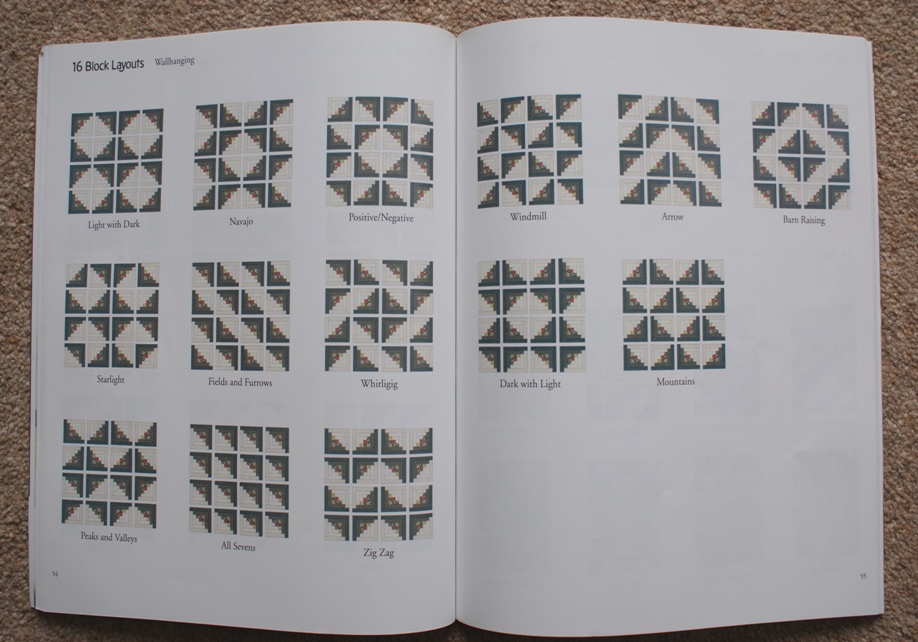 The amazing range of patterns to be made from just 16 log cabin blocks. From: Quilt in a Day by Eleanor Burns