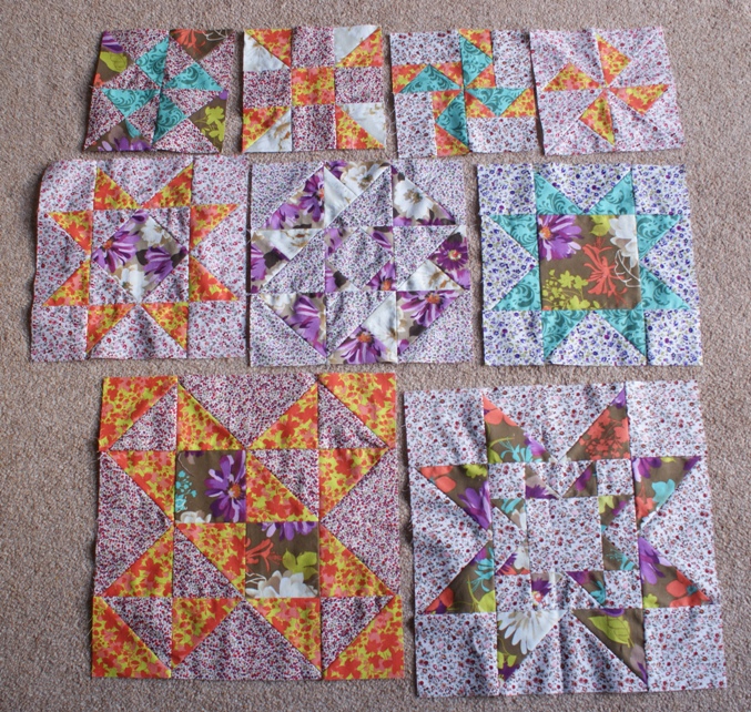 Some of the completed blocks in 3 sizes.
