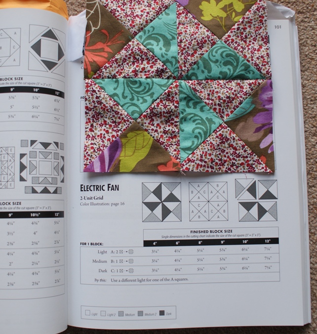 My 6" 'Electric Fan' block with the measurements and instructions in 501 Rotary-Cut Quilt Blocks.