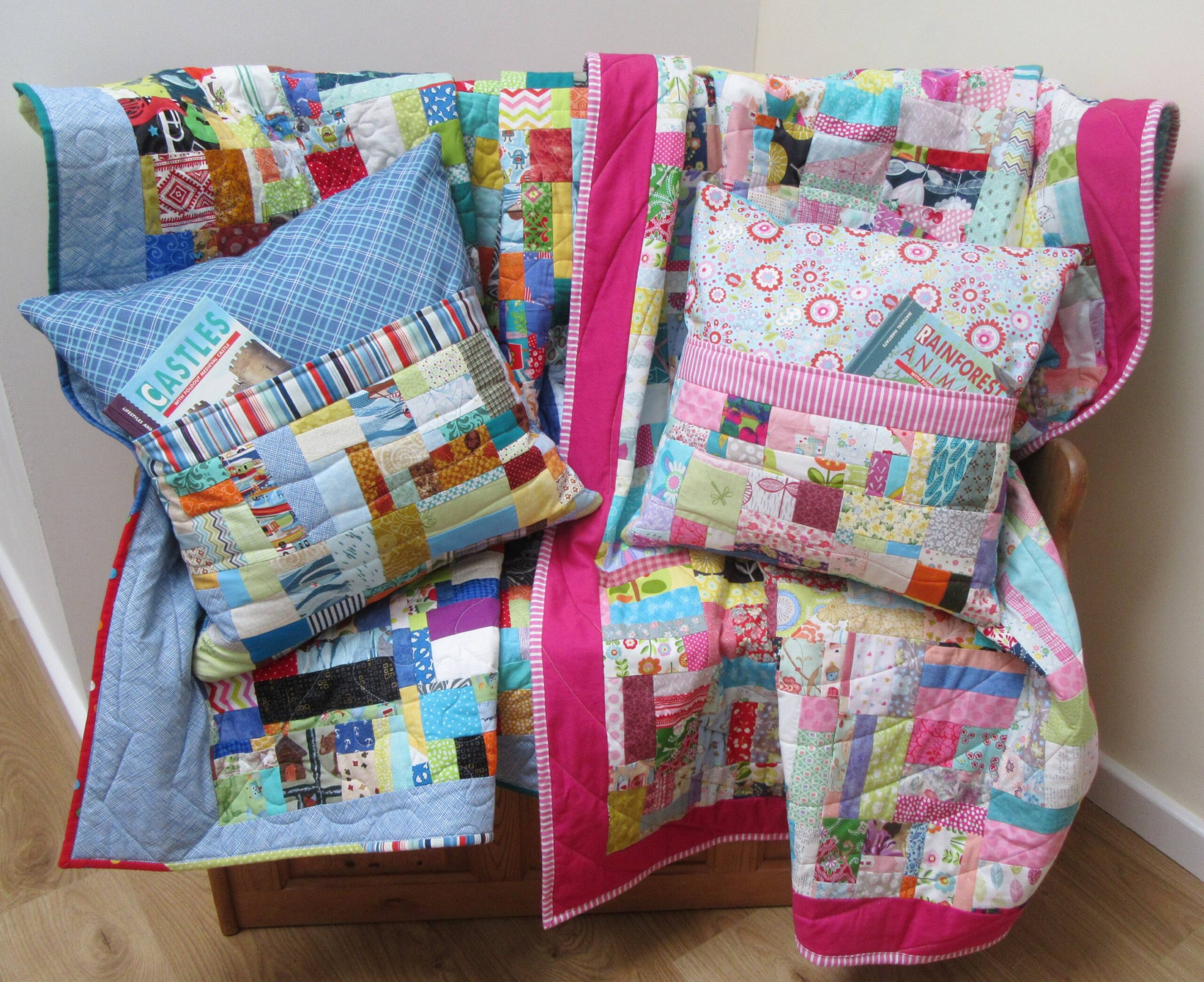 Pink and Blue Book Pillow and Quilt Sets by Allison Reid